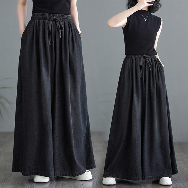 【巴黎精品】現貨+預購 牛仔褲休閒長褲(綁帶單寧寬管褲裙女褲子a1jc36)