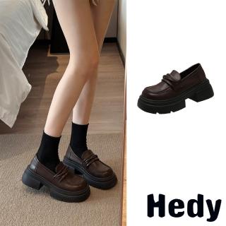 【Hedy】粗跟樂福鞋 厚底樂福鞋/百搭復古立體線繩一字帶粗跟厚底樂福鞋(棕)