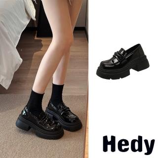 【Hedy】粗跟樂福鞋 厚底樂福鞋/百搭復古立體線繩一字帶粗跟厚底樂福鞋(漆皮黑)