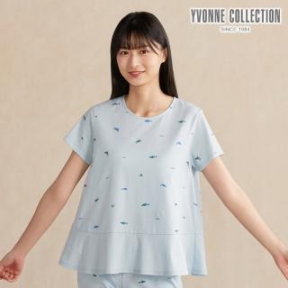 【YVONNE 以旺傢飾】鯊魚印花拼接短袖上衣-浮水藍