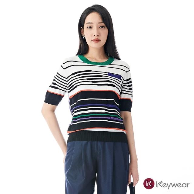 【KeyWear 奇威名品】跳色時尚條紋短袖針織上衣