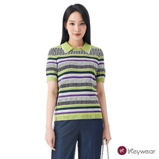 【KeyWear 奇威名品】Polo翻領彩條緹花針織上衣