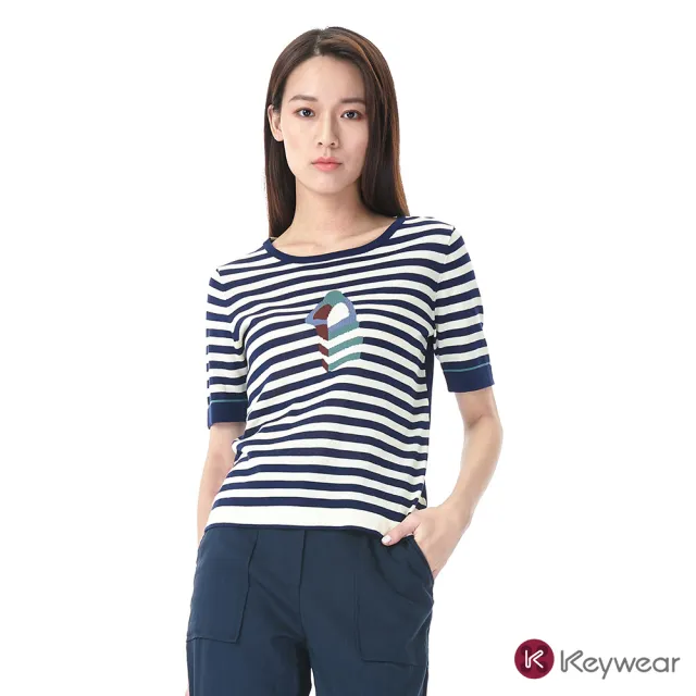【KeyWear 奇威名品】舒適立體條文印花五分袖針織上衣