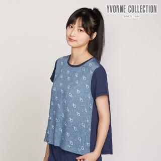 【YVONNE 以旺傢飾】莫代爾棉拼接印花短袖上衣-丈青