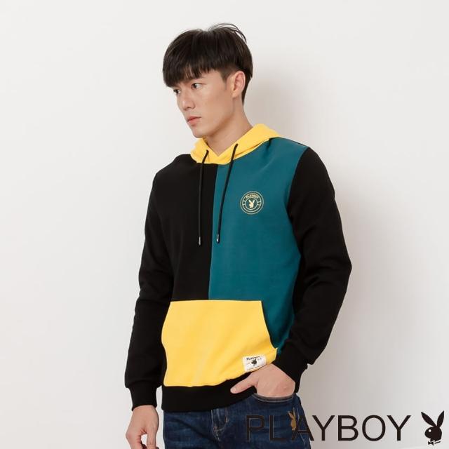 【PLAYBOY】撞色刺繡標連帽上衣(黑色)