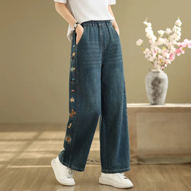 【AKARA】日森風刺繡勳章花邊大長腿直筒牛仔褲(牛仔日系風 森林風 文青風 親子風)