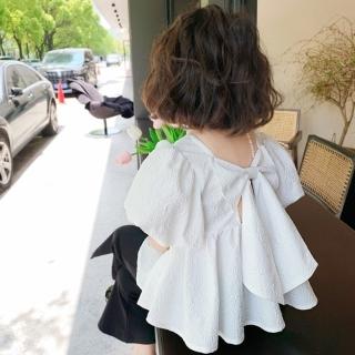 【橘魔法】皺皺壓紋背後大蝴蝶結篷篷袖娃娃衫(長版上衣 短袖上衣 女童 兒童 童裝)