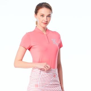 【KING GOLF】網路限定款-女款素面立體燙鑽襯衫立領拉鍊POLO衫/高爾夫球衫(粉色)