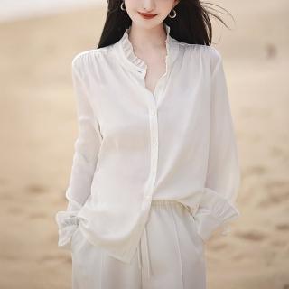 【MsMore】西西里公主白色絲質長袖襯衫抓皺荷葉領短版上衣#124566(白)