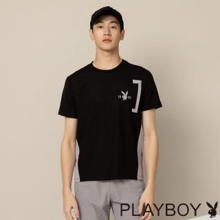 【PLAYBOY】撞色口袋印花圓領上衣(黑色)
