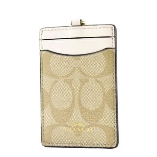 【COACH】緹花LOGO防刮皮革識別證掛帶票卡夾-白色
