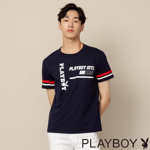 【PLAYBOY】條紋個性印花涼爽棉TEE(深藍色)