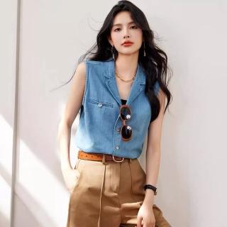 【Paiya 派亞】法式複古藍色牛仔背心女外穿夏季高階感無袖Polo吊帶坎肩上衣(S-XL可穿)