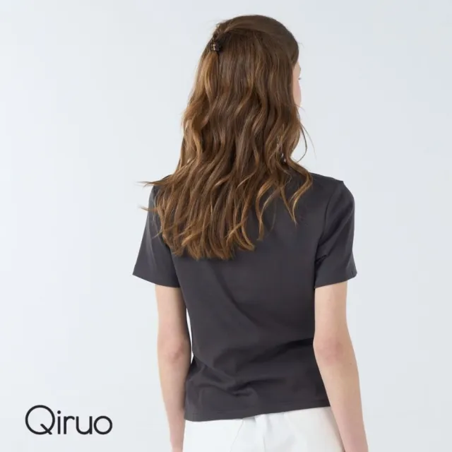 【Qiruo 奇若名品】彈性棉質布料圓領卡通米奇造型短袖灰咖色上衣7021D