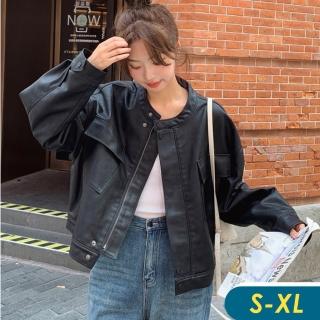 【CHACO】/預購/女春秋 黑色圓領皮衣寬鬆落肩軟感夾克外套#PY9313BK(PU 皮衣 夾克 外套 機車 春秋)