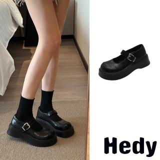 【Hedy】厚底娃娃鞋 一字娃娃鞋/復古立體大圓頭一字帶厚底娃娃鞋(黑)
