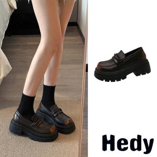 【Hedy】粗跟樂福鞋 厚底樂福鞋/個性百搭復古大圓頭粗跟厚底樂福鞋(棕)