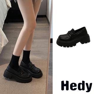 【Hedy】粗跟樂福鞋 厚底樂福鞋/個性百搭復古大圓頭粗跟厚底樂福鞋(黑)