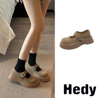 【Hedy】厚底娃娃鞋 一字帶娃娃鞋/復古小圓頭百搭厚底一字帶娃娃鞋(卡其)