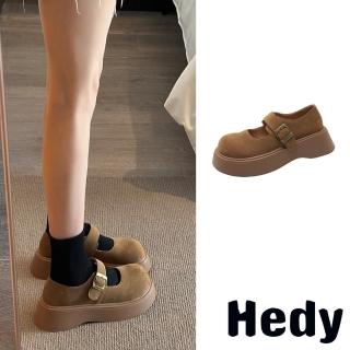【Hedy】厚底娃娃鞋 一字帶娃娃鞋/復古小圓頭百搭厚底一字帶娃娃鞋(棕)