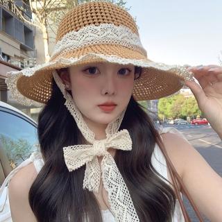 【LEESA】母親節禮物 蕾絲草帽\編織帽\帽子\防曬帽\大帽簷\女生帽子\遮陽帽\草編帽\沙灘帽\漁夫帽\小臉神器