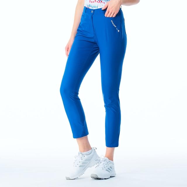 【KING GOLF】網路限定款-女款LOGO燙印舒適修身素面休閒長褲/高爾夫球褲(寶藍色)