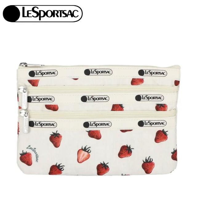 【Lesportsac】草莓田園風三層拉鍊化妝包 收納包 母親節 送禮 禮物(莓果輕舞)
