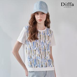 【Diffa】藍卡條織紋異素材拼接上衣-女