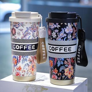 【TengYue】316不鏽鋼雙飲晶瓷咖啡杯500ml(霸王茶姬同款 鈴蘭咖啡杯 帶提繩水杯 保溫杯 隨行杯)