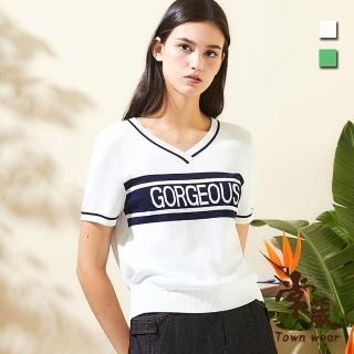 【TOWN’WEAR 棠葳】撞色文字針織T恤 2色(中大尺碼/女上衣/女上著/短袖/拼接/V領/休閒/百搭)