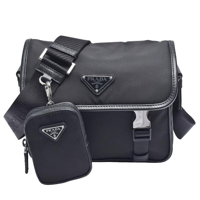 【PRADA 普拉達】經典TESSUTO三角LOGO尼龍雙釦組合斜背書包(黑2VD034-TESSUTO+SAFFIAN-NERO)