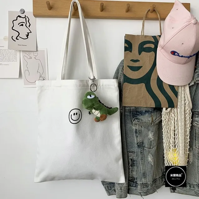 【米蘭精品】現貨+預購 手提包帆布肩背包托特包側背包單肩包隨身女包(笑臉ins純色2色74jn57)