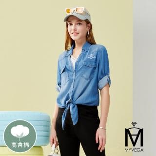 【MYVEGA 麥雪爾】MA高含棉LOGO刺繡牛仔外套-淺藍
