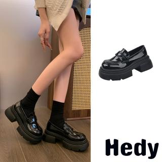 【Hedy】粗跟樂福鞋 厚底樂福鞋/經典百搭復古大圓頭粗跟厚底時尚樂福鞋(漆皮黑)