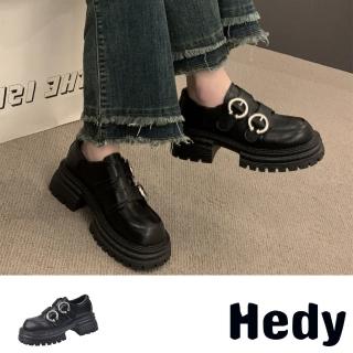 【Hedy】厚底樂福鞋 粗跟樂福鞋/復古個性雙金屬皮帶釦飾厚底粗跟樂福鞋(黑)