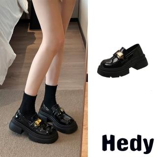 【Hedy】厚底樂福鞋 一字樂福鞋/幾何金屬釦飾一字帶復古厚底樂福鞋(漆皮黑)