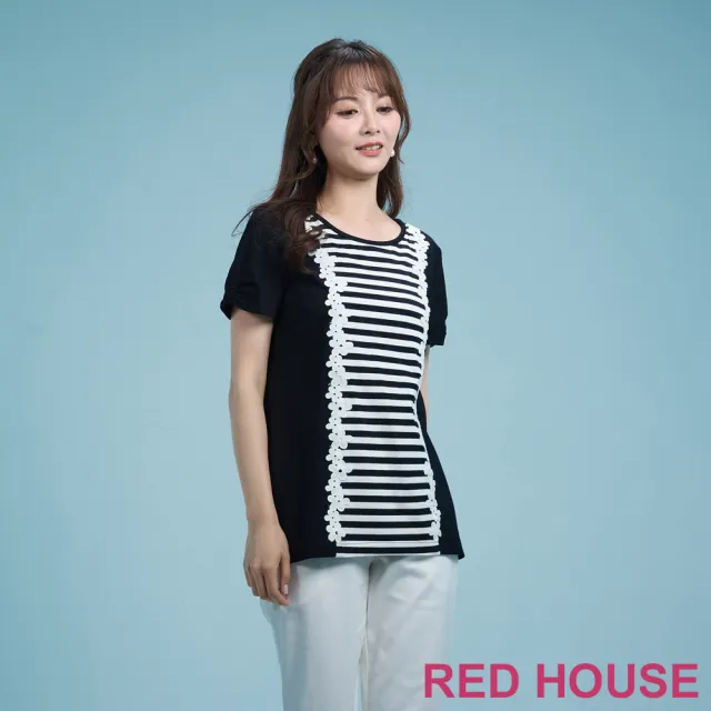 【RED HOUSE 蕾赫斯】花朵蕾絲條紋拼接上衣(黑色)