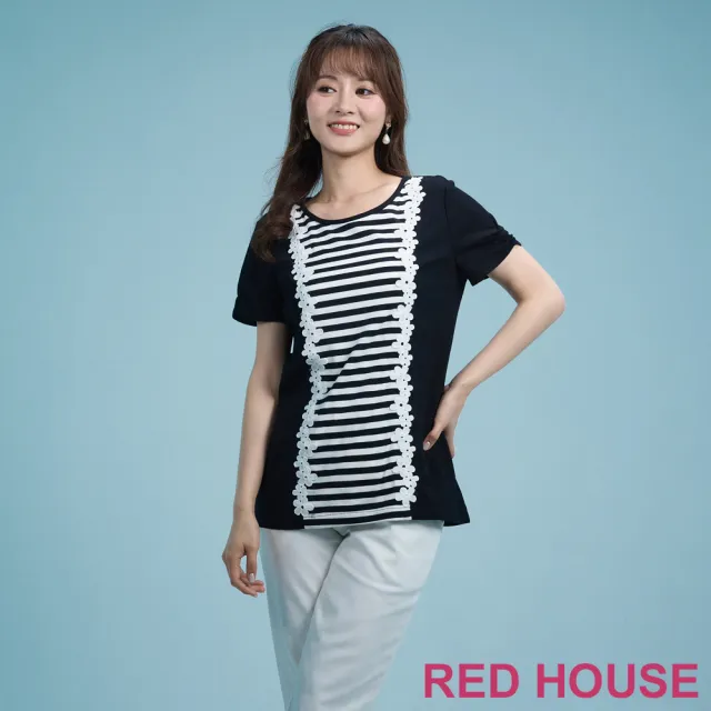 【RED HOUSE 蕾赫斯】花朵蕾絲條紋拼接上衣(黑色)