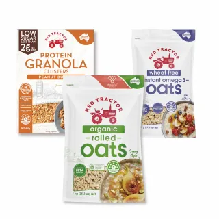 【澳洲Red Tractor紅色拖拉機】奇亞籽&亞麻籽Omega3x有機燕麥片與烘烤麥片限定組合(花生海鹽、燕麥片)
