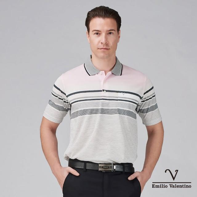 【Emilio Valentino 范倫鐵諾】男 短袖 POLO衫  精梳棉  舒適透氣 口袋 男上衣 台灣製造 粉/灰(66-5V9143)