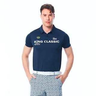 【KING GOLF】網路限定款-男款皇冠字母印花領口迷彩拼接短袖POLO衫/高爾夫球衫(丈青)