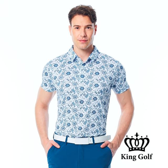 【KING GOLF】網路限定款-男款小花圖騰滿版印圖立體LOGO燙標短袖POLO衫/高爾夫球衫(藍色)