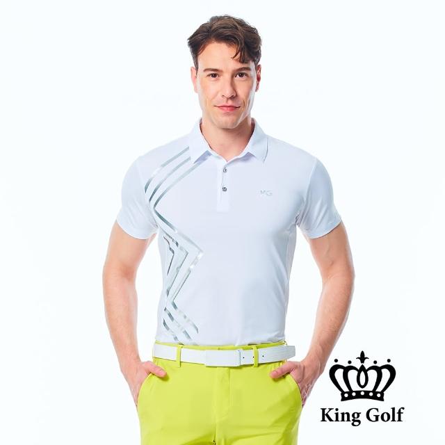 【KING GOLF】網路限定款-男款科技線條印花KG燙標透氣洞洞拼接短袖POLO衫/高爾夫球衫(白色)
