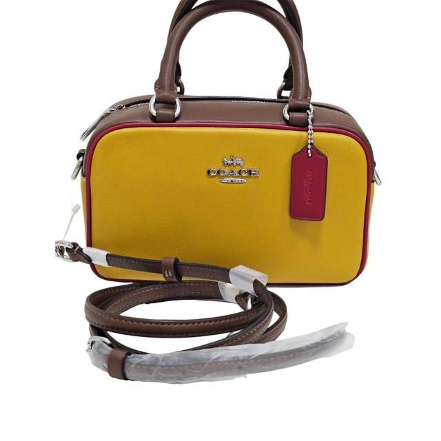 【COACH】SATCHEL經典Logo撞色斜背手袋保齡球包(招財黃拚咖啡/贈原廠防塵袋紙袋母親節送禮)