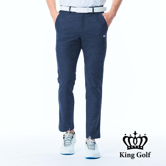 【KING GOLF】網路限定款-男款格紋印圖KG印花修身彈性休閒長褲/高爾夫球長褲(藍色)