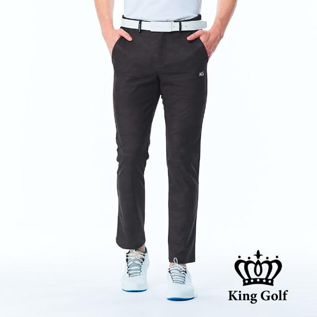 【KING GOLF】網路限定款-男款格紋印圖KG印花修身彈性休閒長褲/高爾夫球長褲(灰色)