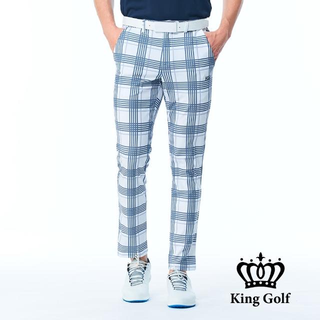 【KING GOLF】網路限定款-男款格紋印圖KG印花修身彈性休閒長褲/高爾夫球長褲(丈青)