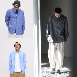 【plain-me】男女款 日常條紋襯衫 PLN3354-242(長袖上衣 外搭 直條紋 寬鬆 天藍 蔚藍 襯衫 外搭上衣)