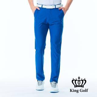 【KING GOLF】網路限定款-男款腰部線條印花素面百搭修身彈性休閒長褲/高爾夫球長褲(藍色)
