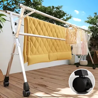 【Ashley House】尊爵版升級高硬度整隻全不銹鋼移動煞車輪-2.4米X型三桿伸縮晾曬衣架(曬衣桿 晾衣架)